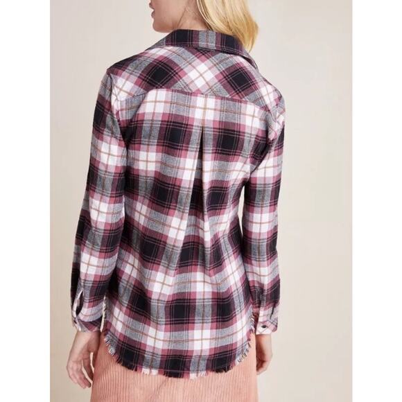 Anthropologie Cloth & Stone Plaid Button Down Flannel Shirt Raw Fringe Hem Small - Picture 2 of 9